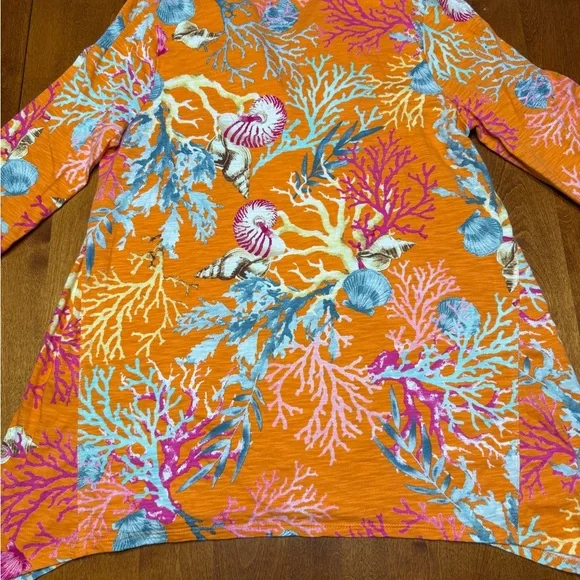 Chico's Women’s 3/4 Sleeve Coral Cotton Slub Vneck Sharkbite Hem 1 Medium - Picture 9 of 14